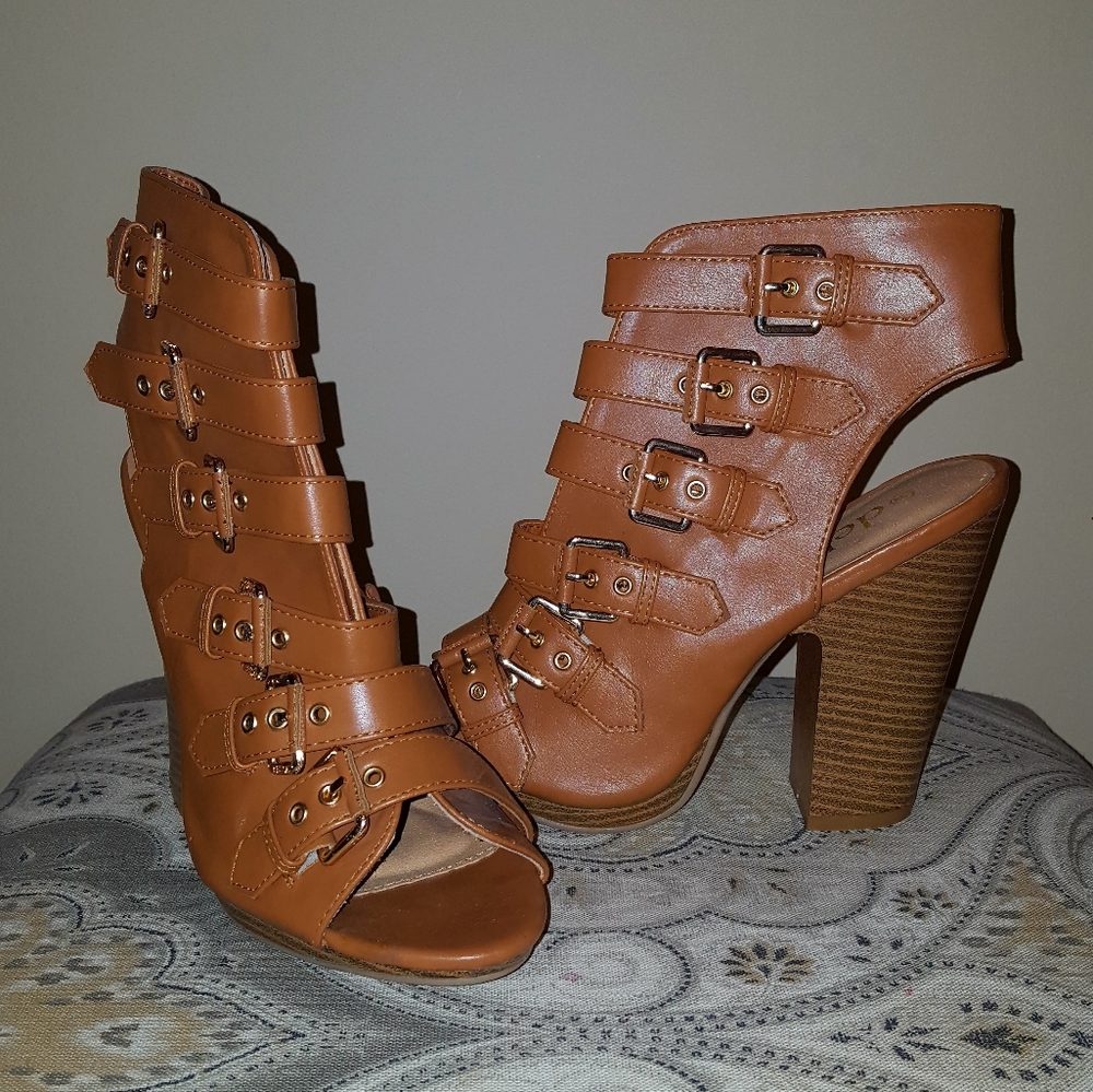 Deb Peep-Toe Mules/ Block Heels
